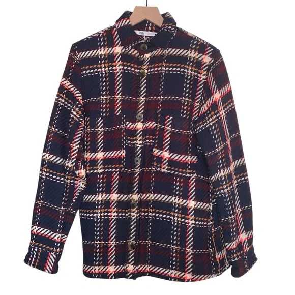 ZARA MAN NEON TRIM PLAID OVERSHIRT SIZE SMALL